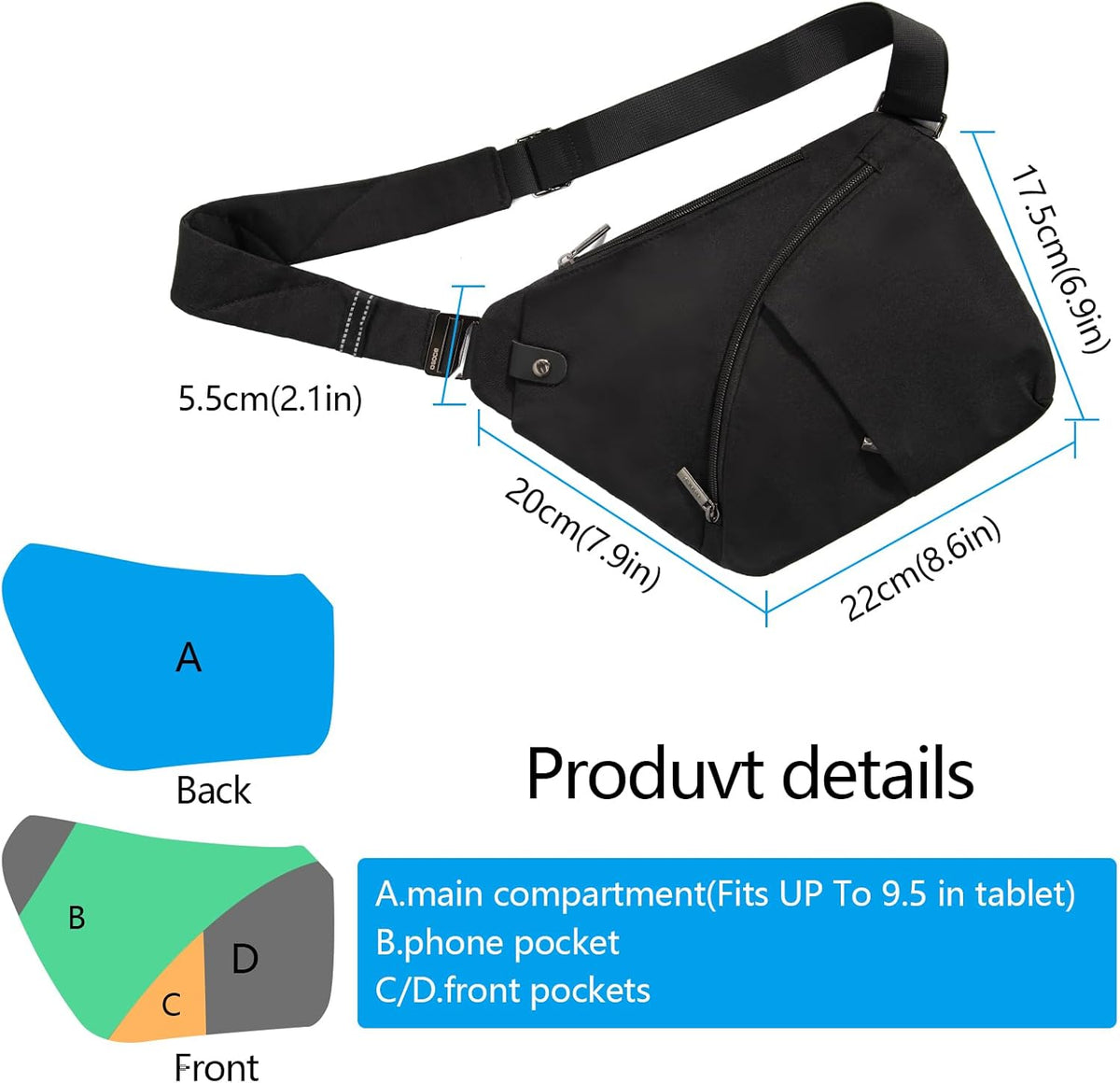 Crossbody Sling Bag, Water-Resistant Anti Theft Chest Pack, Minimalist Commuter Daypack for Travel Hiking Work