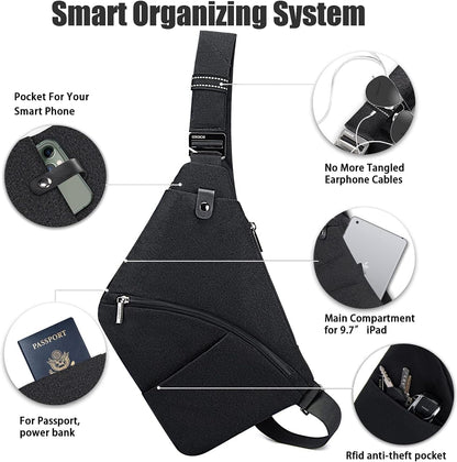 Crossbody Sling Bag, Water-Resistant Anti Theft Chest Pack, Minimalist Commuter Daypack for Travel Hiking Work