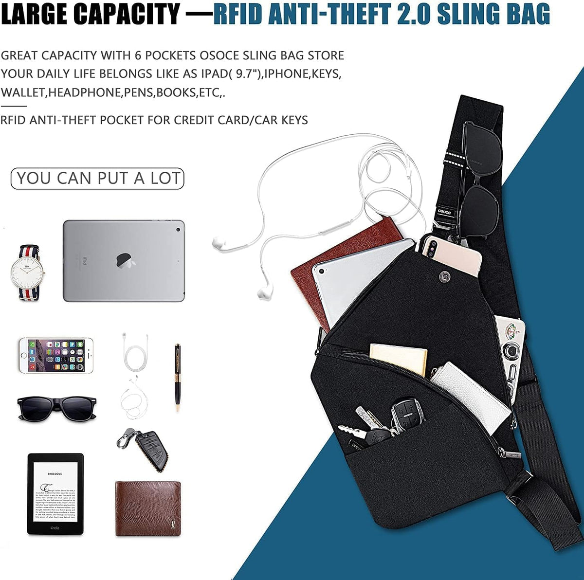 Crossbody Sling Bag, Water-Resistant Anti Theft Chest Pack, Minimalist Commuter Daypack for Travel Hiking Work