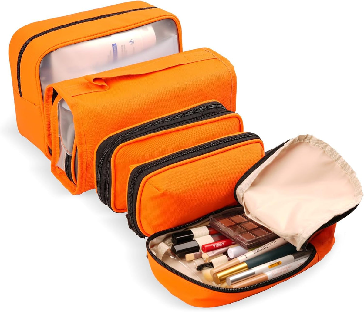 Travel Toiletry Bag Set for Women, Compact Size 5-Piece Hanging Organizer Kit with TSA Approved Cosmetic Bag, Jewelry Case & Cable Pouch, Waterproof Makeup Bag for Travel Essentials - Orange