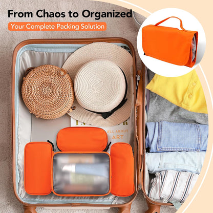 Travel Toiletry Bag Set for Women, Compact Size 5-Piece Hanging Organizer Kit with TSA Approved Cosmetic Bag, Jewelry Case & Cable Pouch, Waterproof Makeup Bag for Travel Essentials - Orange