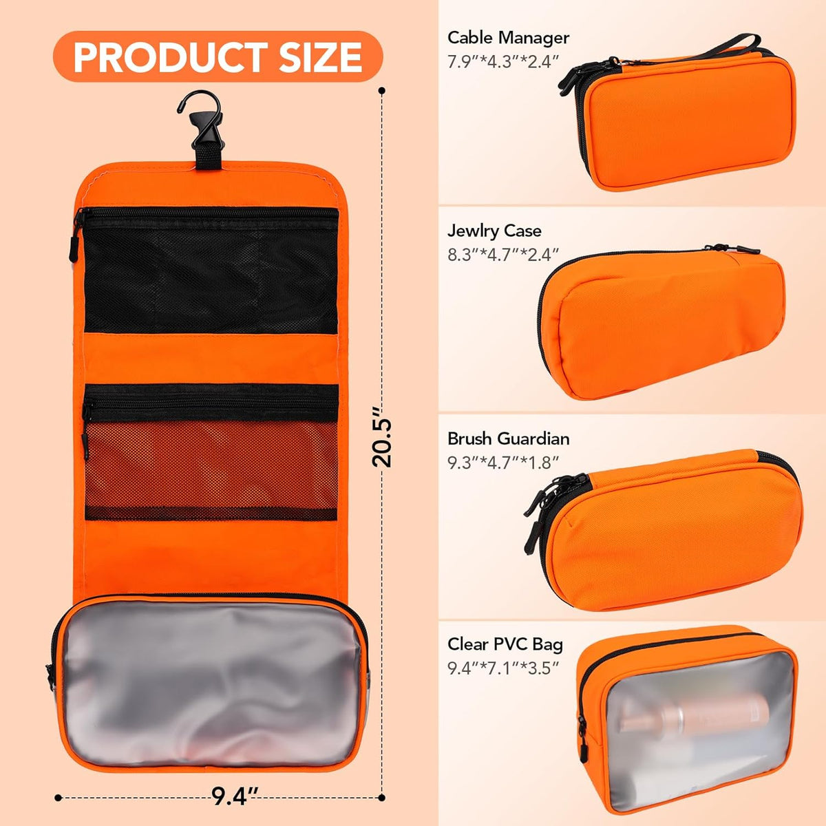 Travel Toiletry Bag Set for Women, Compact Size 5-Piece Hanging Organizer Kit with TSA Approved Cosmetic Bag, Jewelry Case & Cable Pouch, Waterproof Makeup Bag for Travel Essentials - Orange