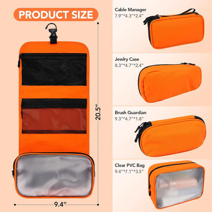 Travel Toiletry Bag Set for Women, Compact Size 5-Piece Hanging Organizer Kit with TSA Approved Cosmetic Bag, Jewelry Case & Cable Pouch, Waterproof Makeup Bag for Travel Essentials - Orange