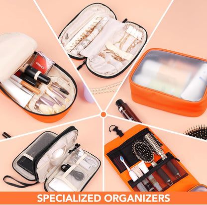 Travel Toiletry Bag Set for Women, Compact Size 5-Piece Hanging Organizer Kit with TSA Approved Cosmetic Bag, Jewelry Case & Cable Pouch, Waterproof Makeup Bag for Travel Essentials - Orange