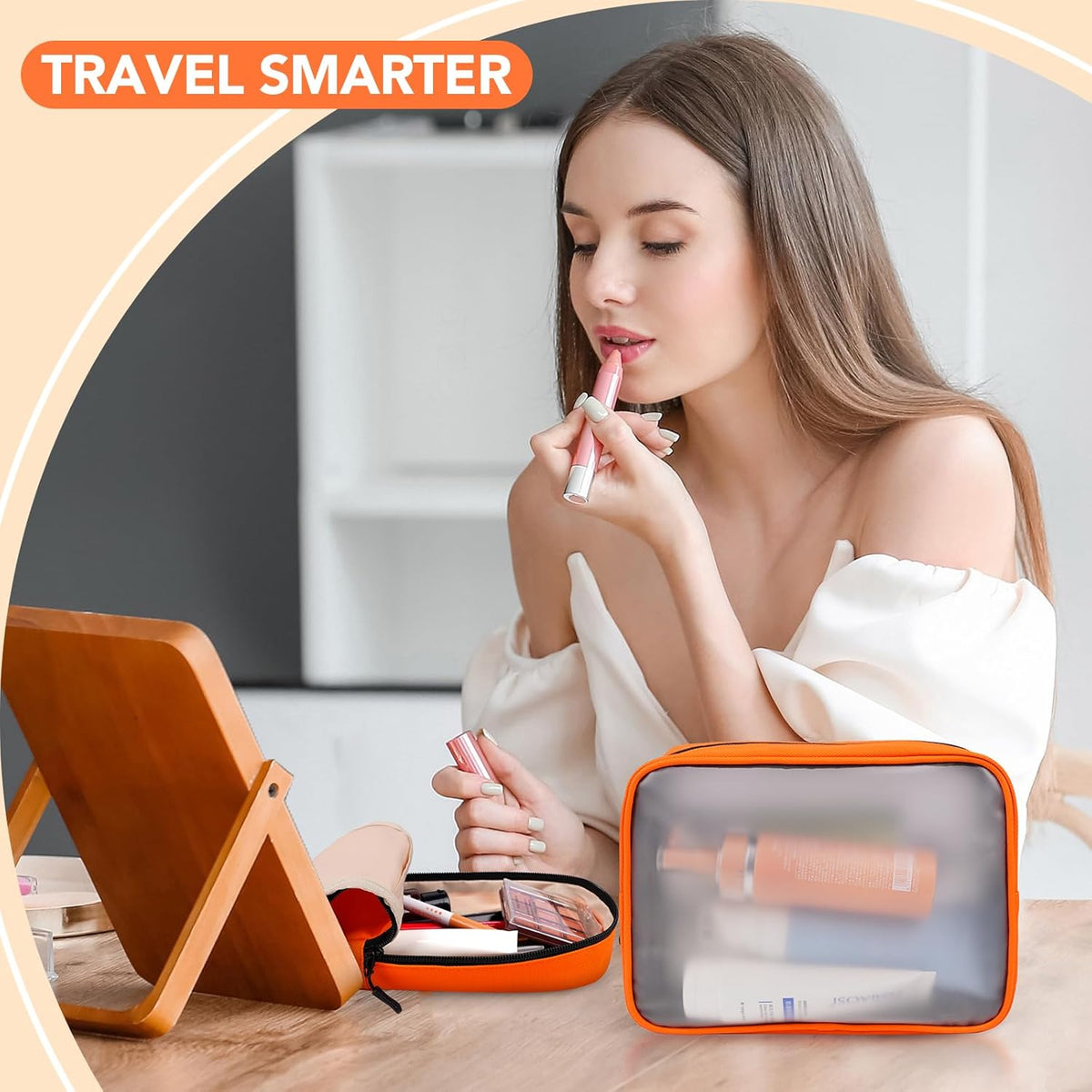 Travel Toiletry Bag Set for Women, Compact Size 5-Piece Hanging Organizer Kit with TSA Approved Cosmetic Bag, Jewelry Case & Cable Pouch, Waterproof Makeup Bag for Travel Essentials - Orange