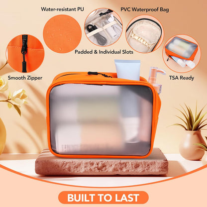 Travel Toiletry Bag Set for Women, Compact Size 5-Piece Hanging Organizer Kit with TSA Approved Cosmetic Bag, Jewelry Case & Cable Pouch, Waterproof Makeup Bag for Travel Essentials - Orange