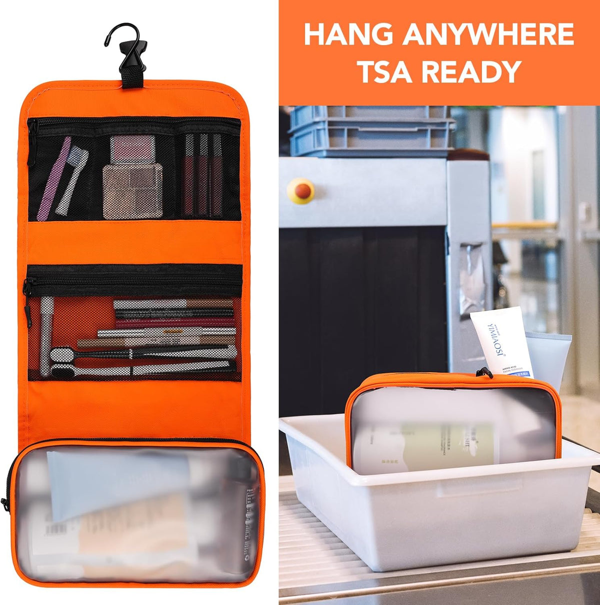Travel Toiletry Bag Set for Women, Compact Size 5-Piece Hanging Organizer Kit with TSA Approved Cosmetic Bag, Jewelry Case & Cable Pouch, Waterproof Makeup Bag for Travel Essentials - Orange