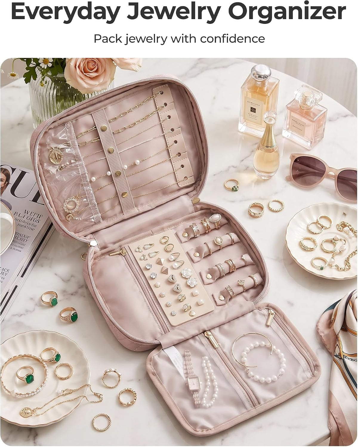 Travel Jewelry Organizer, Travel Jewelry Case, Tangle-free Necklaces Organizers Earring storage, Travel Accessories for Women Essentials Rings Bracelets Holder Bag, Pink