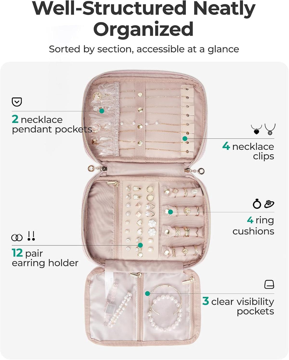 Travel Jewelry Organizer, Travel Jewelry Case, Tangle-free Necklaces Organizers Earring storage, Travel Accessories for Women Essentials Rings Bracelets Holder Bag, Pink