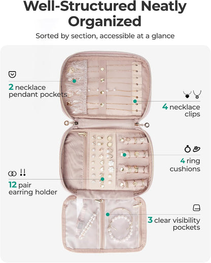Travel Jewelry Organizer, Travel Jewelry Case, Tangle-free Necklaces Organizers Earring storage, Travel Accessories for Women Essentials Rings Bracelets Holder Bag, Pink