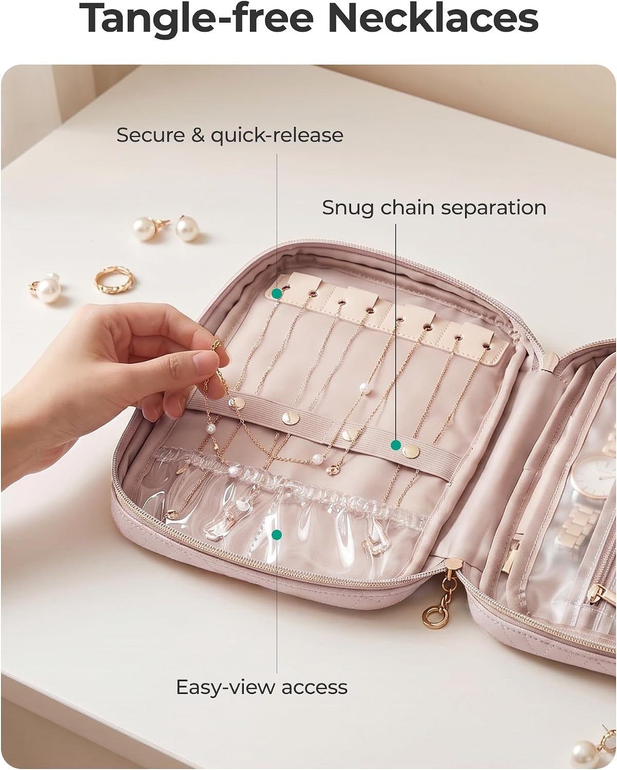 Travel Jewelry Organizer, Travel Jewelry Case, Tangle-free Necklaces Organizers Earring storage, Travel Accessories for Women Essentials Rings Bracelets Holder Bag, Pink