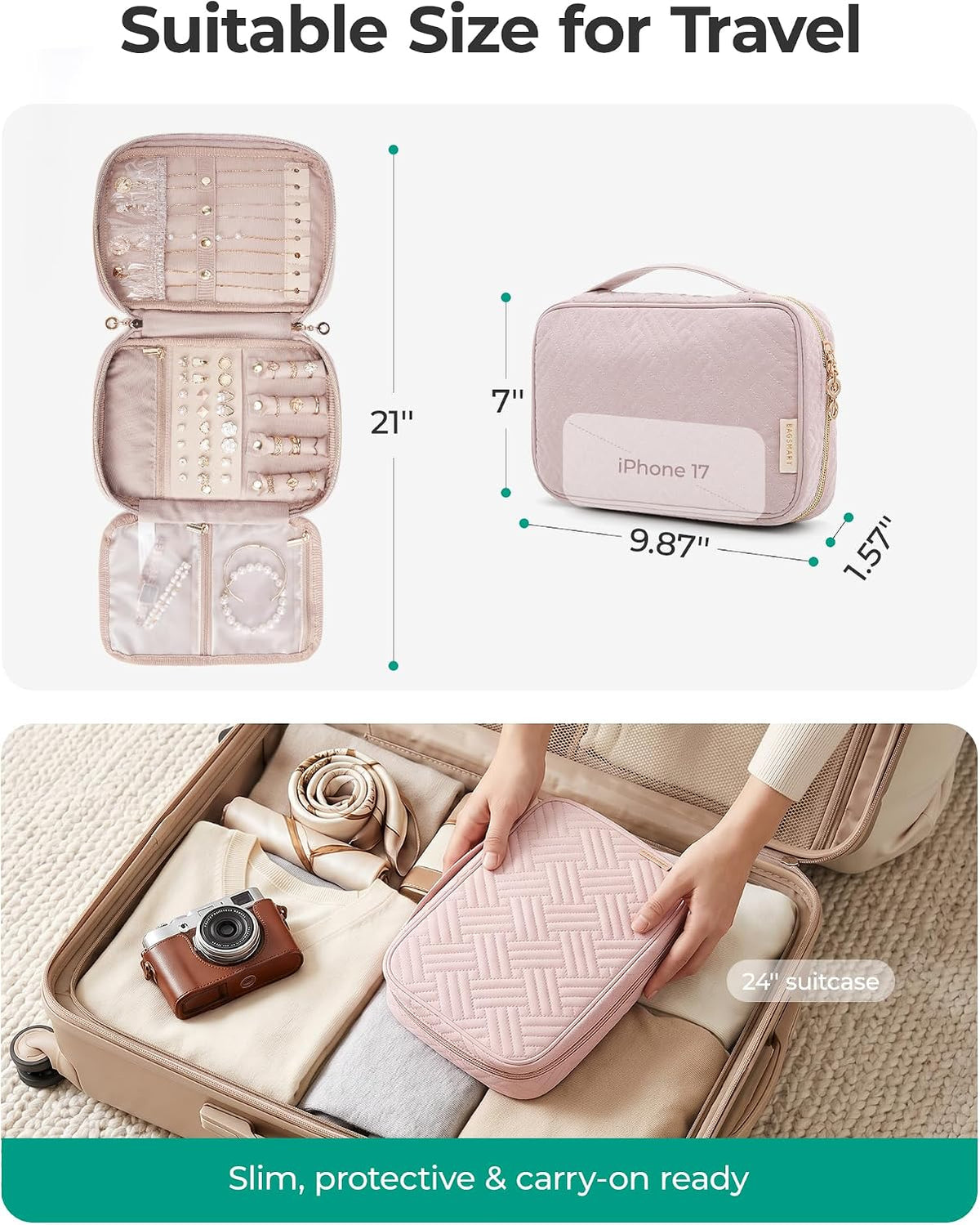 Travel Jewelry Organizer, Travel Jewelry Case, Tangle-free Necklaces Organizers Earring storage, Travel Accessories for Women Essentials Rings Bracelets Holder Bag, Pink