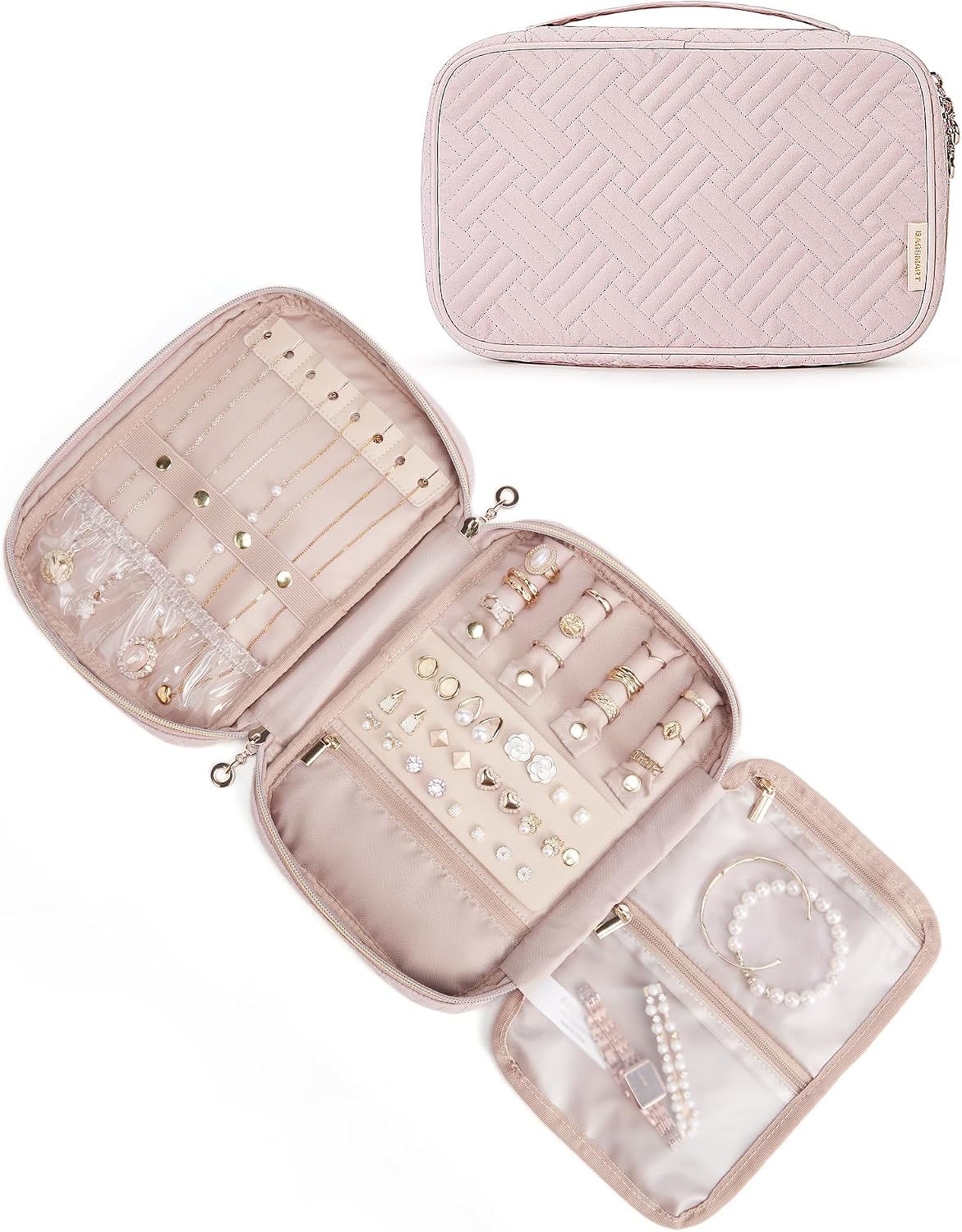 Travel Jewelry Organizer, Travel Jewelry Case, Tangle-free Necklaces Organizers Earring storage, Travel Accessories for Women Essentials Rings Bracelets Holder Bag, Pink