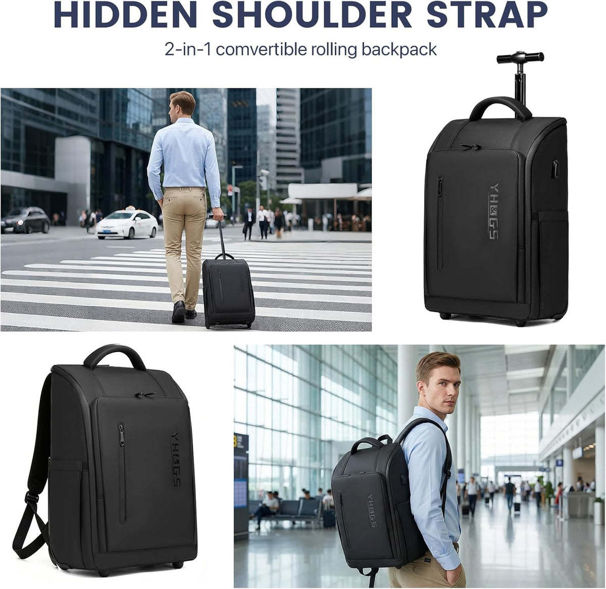 Rolling Backpack with Wheels, Waterproof Wheeled Backpack with USB Ports for Men Women, 15.6 Inch Travel Laptop Backpack with Wheels for Adults, Roller Carry-On Luggage Bag for Business Work