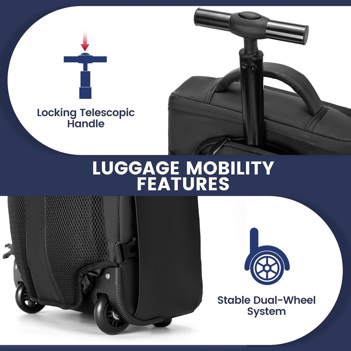 Rolling Backpack with Wheels, Waterproof Wheeled Backpack with USB Ports for Men Women, 15.6 Inch Travel Laptop Backpack with Wheels for Adults, Roller Carry-On Luggage Bag for Business Work