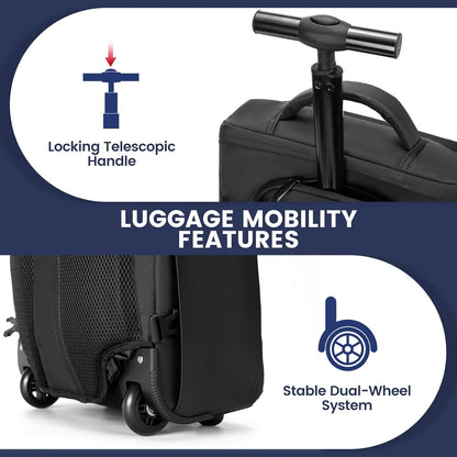 Rolling Backpack with Wheels, Waterproof Wheeled Backpack with USB Ports for Men Women, 15.6 Inch Travel Laptop Backpack with Wheels for Adults, Roller Carry-On Luggage Bag for Business Work