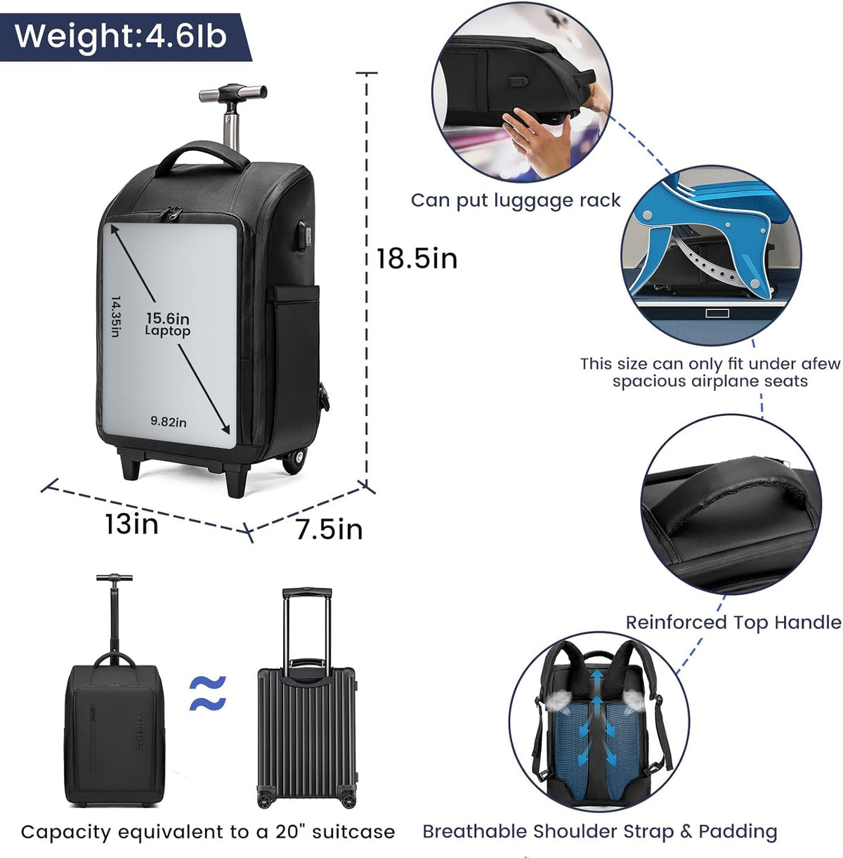 Rolling Backpack with Wheels, Waterproof Wheeled Backpack with USB Ports for Men Women, 15.6 Inch Travel Laptop Backpack with Wheels for Adults, Roller Carry-On Luggage Bag for Business Work
