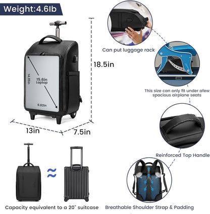 Rolling Backpack with Wheels, Waterproof Wheeled Backpack with USB Ports for Men Women, 15.6 Inch Travel Laptop Backpack with Wheels for Adults, Roller Carry-On Luggage Bag for Business Work