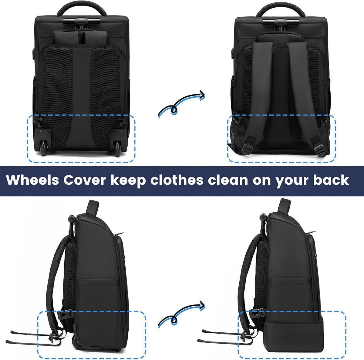 Rolling Backpack with Wheels, Waterproof Wheeled Backpack with USB Ports for Men Women, 15.6 Inch Travel Laptop Backpack with Wheels for Adults, Roller Carry-On Luggage Bag for Business Work