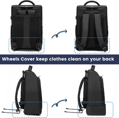 Rolling Backpack with Wheels, Waterproof Wheeled Backpack with USB Ports for Men Women, 15.6 Inch Travel Laptop Backpack with Wheels for Adults, Roller Carry-On Luggage Bag for Business Work