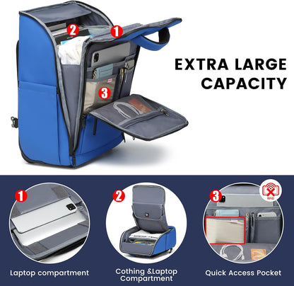 Rolling Backpack with Wheels, Waterproof Wheeled Backpack with USB Ports for Men Women, 15.6 Inch Travel Laptop Backpack with Wheels for Adults, Roller Carry-On Luggage Bag for Business Work