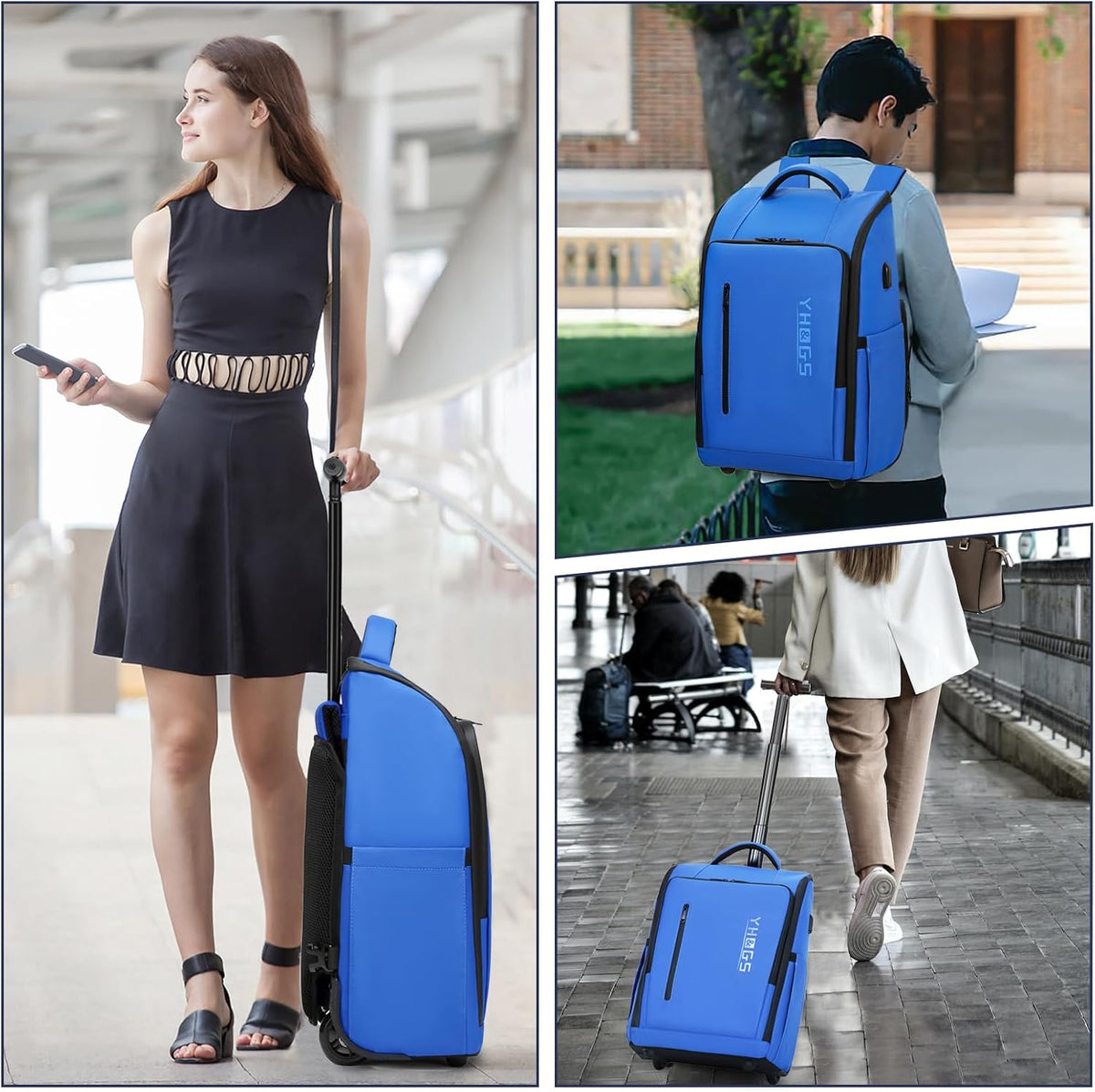 Rolling Backpack with Wheels, Waterproof Wheeled Backpack with USB Ports for Men Women, 15.6 Inch Travel Laptop Backpack with Wheels for Adults, Roller Carry-On Luggage Bag for Business Work