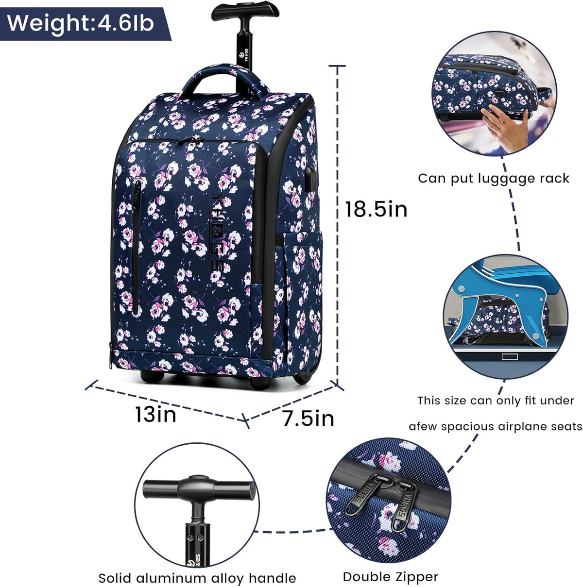 Rolling Backpack with Wheels, Waterproof Wheeled Backpack with USB Ports for Men Women, 15.6 Inch Travel Laptop Backpack with Wheels for Adults, Roller Carry-On Luggage Bag for Business Work