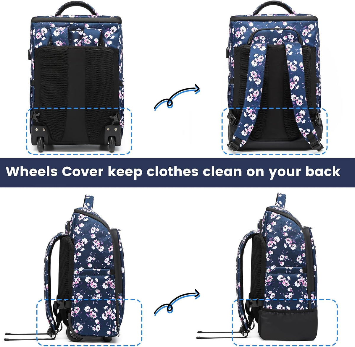 Rolling Backpack with Wheels, Waterproof Wheeled Backpack with USB Ports for Men Women, 15.6 Inch Travel Laptop Backpack with Wheels for Adults, Roller Carry-On Luggage Bag for Business Work