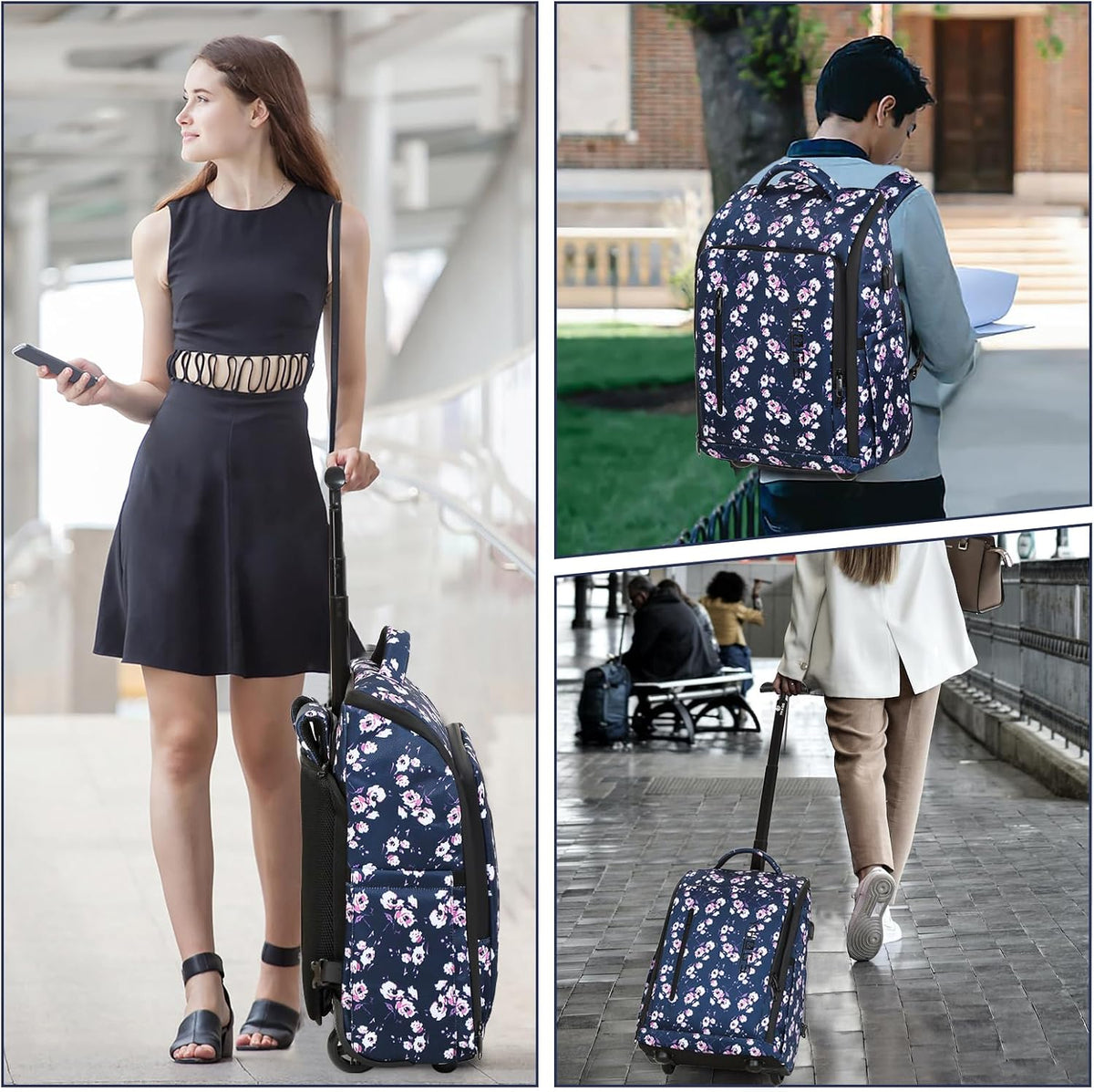 Rolling Backpack with Wheels, Waterproof Wheeled Backpack with USB Ports for Men Women, 15.6 Inch Travel Laptop Backpack with Wheels for Adults, Roller Carry-On Luggage Bag for Business Work
