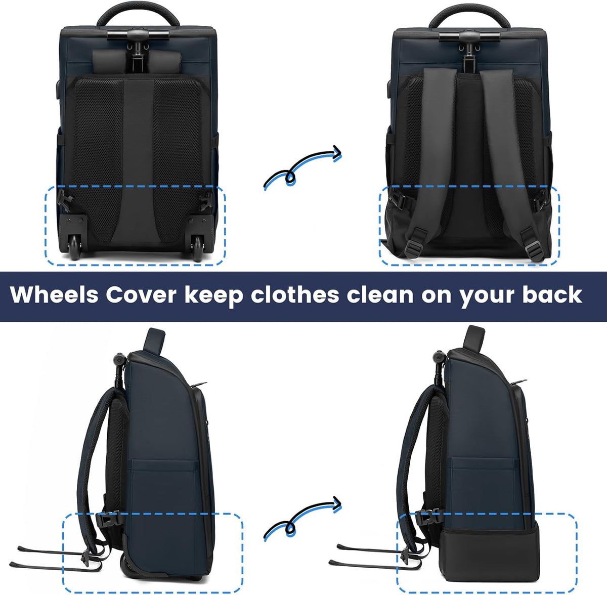 Rolling Backpack with Wheels, Waterproof Wheeled Backpack with USB Ports for Men Women, 15.6 Inch Travel Laptop Backpack with Wheels for Adults, Roller Carry-On Luggage Bag for Business Work