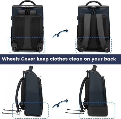 Rolling Backpack with Wheels, Waterproof Wheeled Backpack with USB Ports for Men Women, 15.6 Inch Travel Laptop Backpack with Wheels for Adults, Roller Carry-On Luggage Bag for Business Work