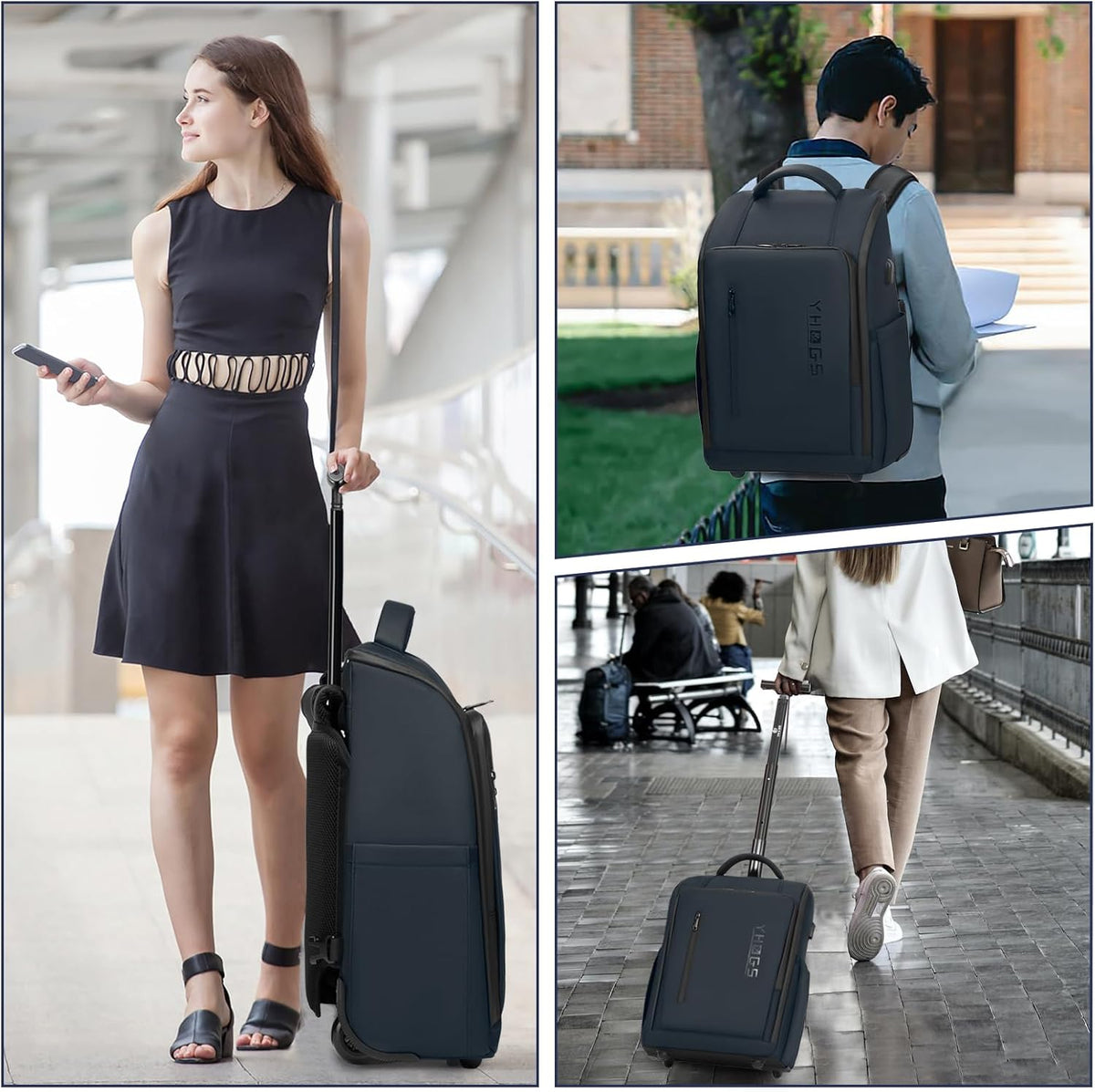 Rolling Backpack with Wheels, Waterproof Wheeled Backpack with USB Ports for Men Women, 15.6 Inch Travel Laptop Backpack with Wheels for Adults, Roller Carry-On Luggage Bag for Business Work