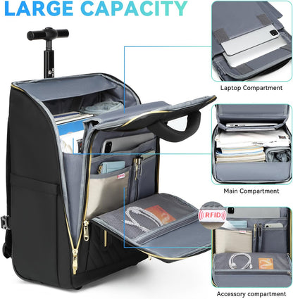 Rolling Backpack with Wheels, Waterproof Wheeled Backpack with USB Ports for Men Women, 15.6 Inch Travel Laptop Backpack with Wheels for Adults, Roller Carry-On Luggage Bag for Business Work