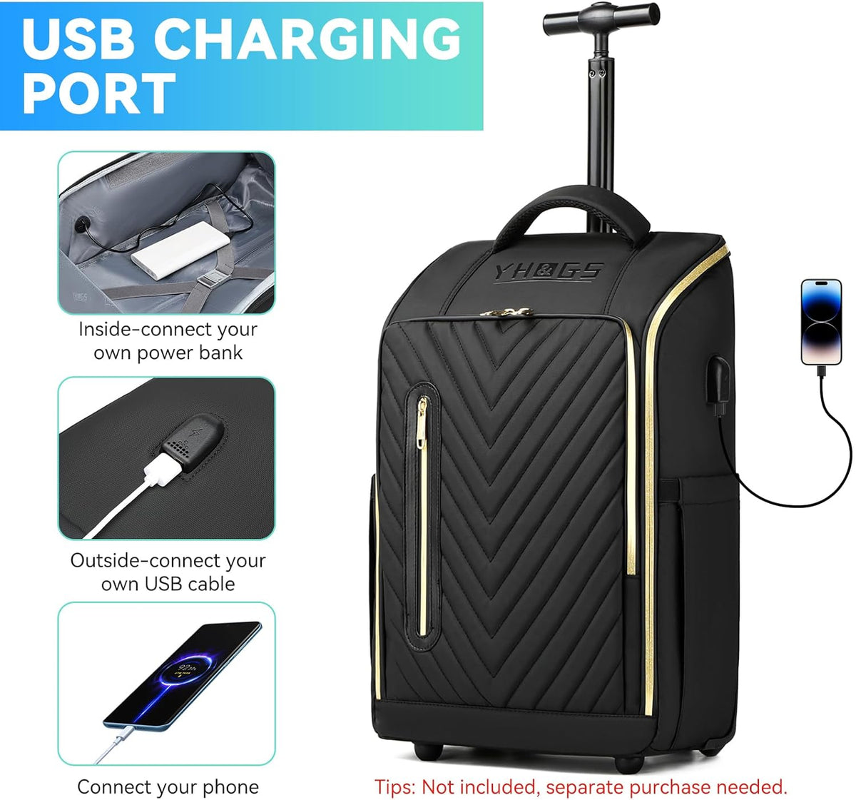 Rolling Backpack with Wheels, Waterproof Wheeled Backpack with USB Ports for Men Women, 15.6 Inch Travel Laptop Backpack with Wheels for Adults, Roller Carry-On Luggage Bag for Business Work