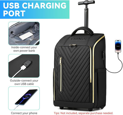 Rolling Backpack with Wheels, Waterproof Wheeled Backpack with USB Ports for Men Women, 15.6 Inch Travel Laptop Backpack with Wheels for Adults, Roller Carry-On Luggage Bag for Business Work