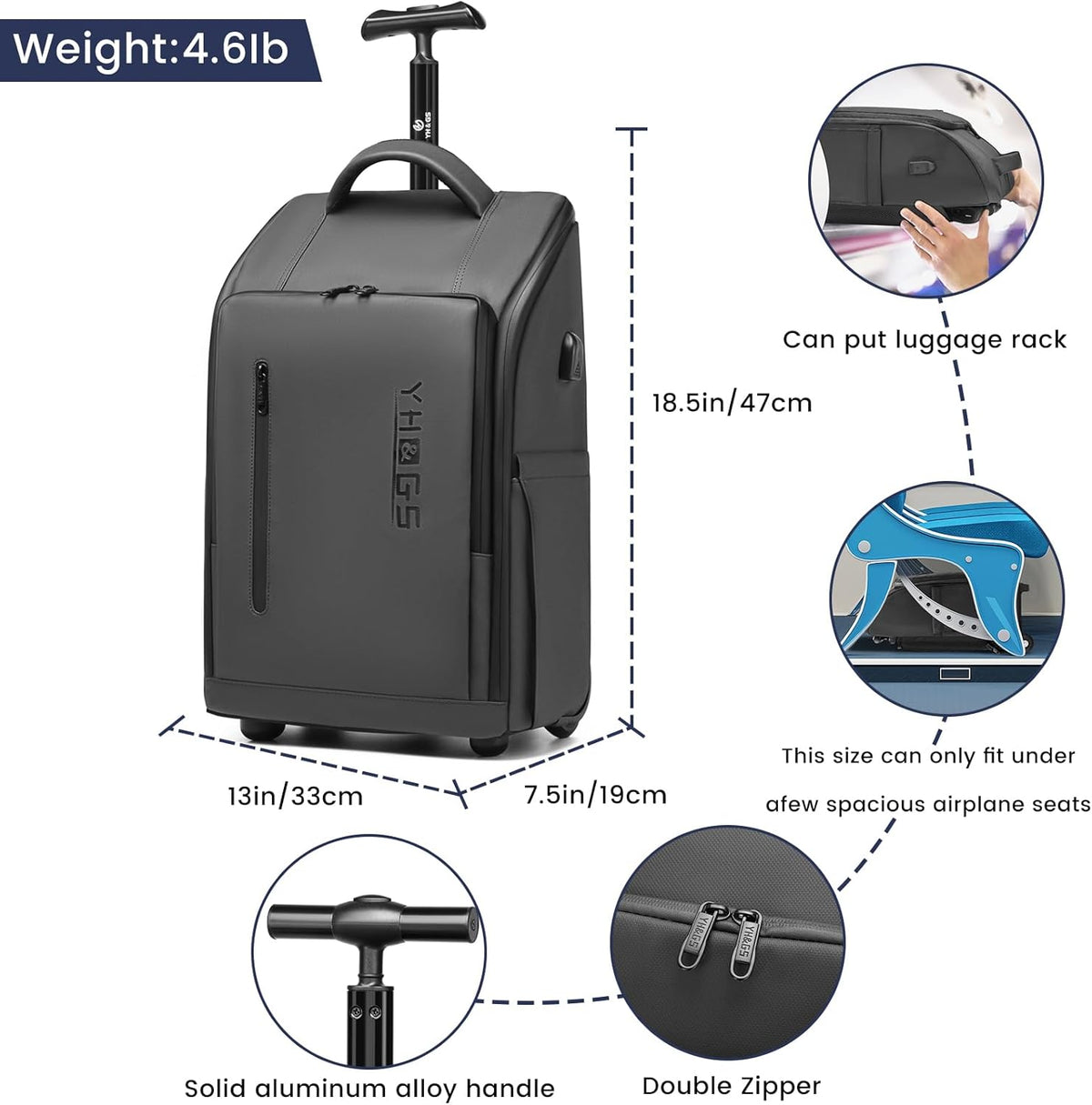 Rolling Backpack with Wheels, Waterproof Wheeled Backpack with USB Ports for Men Women, 15.6 Inch Travel Laptop Backpack with Wheels for Adults, Roller Carry-On Luggage Bag for Business Work