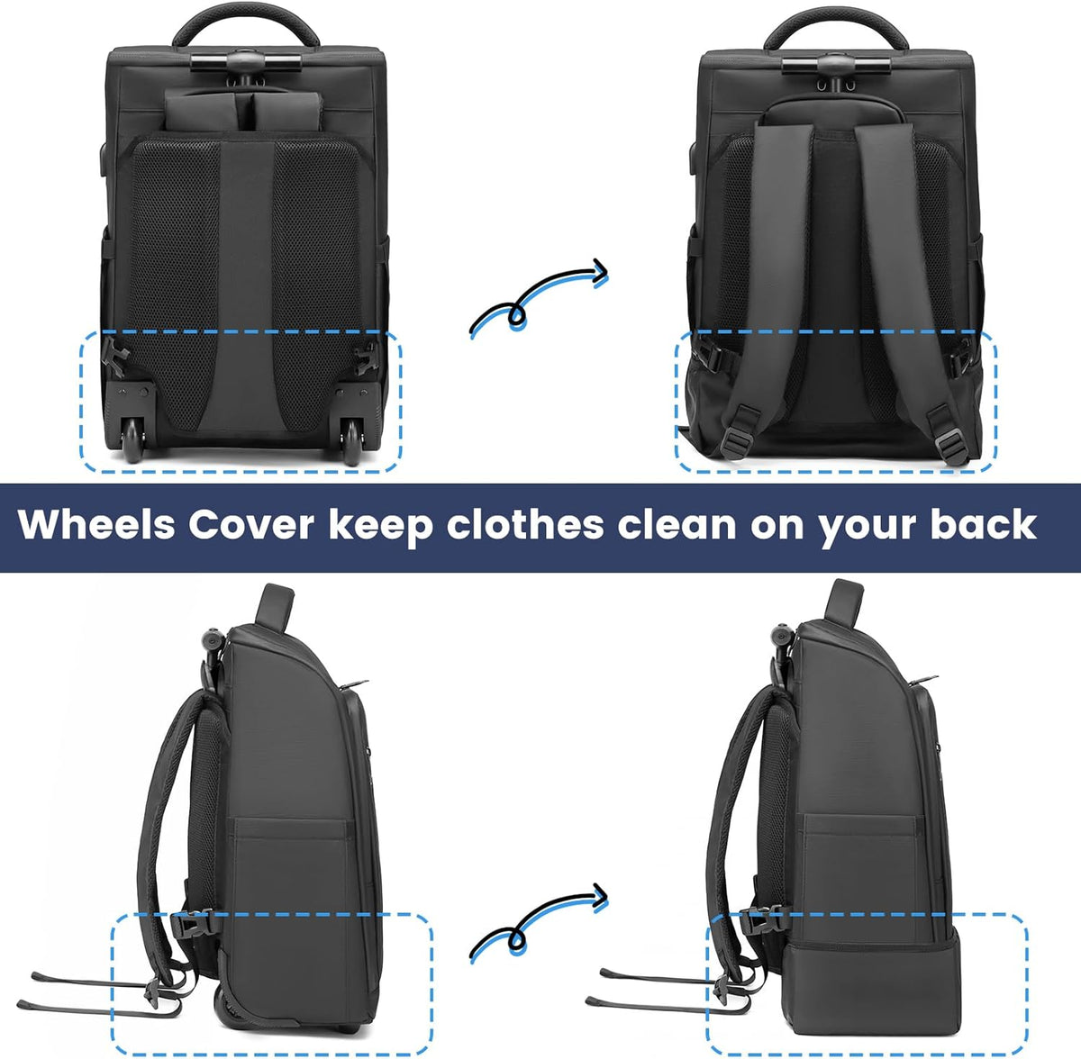 Rolling Backpack with Wheels, Waterproof Wheeled Backpack with USB Ports for Men Women, 15.6 Inch Travel Laptop Backpack with Wheels for Adults, Roller Carry-On Luggage Bag for Business Work