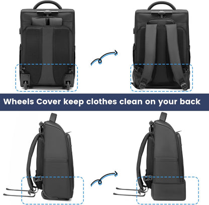 Rolling Backpack with Wheels, Waterproof Wheeled Backpack with USB Ports for Men Women, 15.6 Inch Travel Laptop Backpack with Wheels for Adults, Roller Carry-On Luggage Bag for Business Work