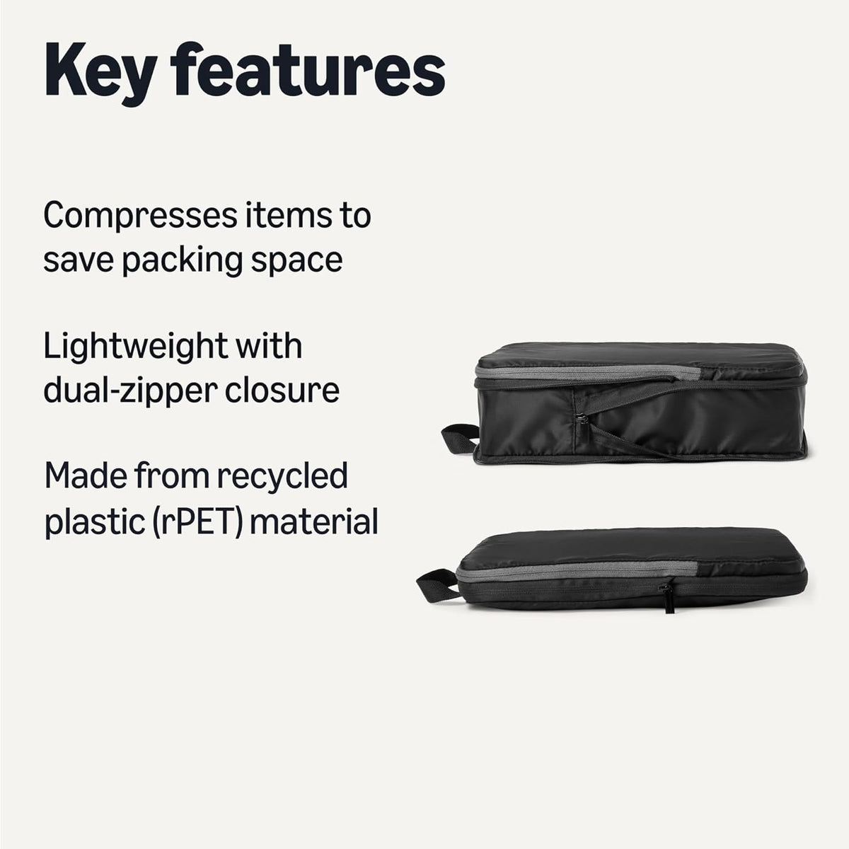 Ultralight Compression Packing Cubes, Recycled Fabric, 2 Zippers, Grey, for Suitcases or Backpacks