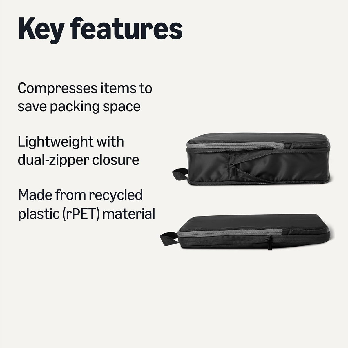 Ultralight Compression Packing Cubes, Recycled Fabric, 2 Zippers, Grey, for Suitcases or Backpacks