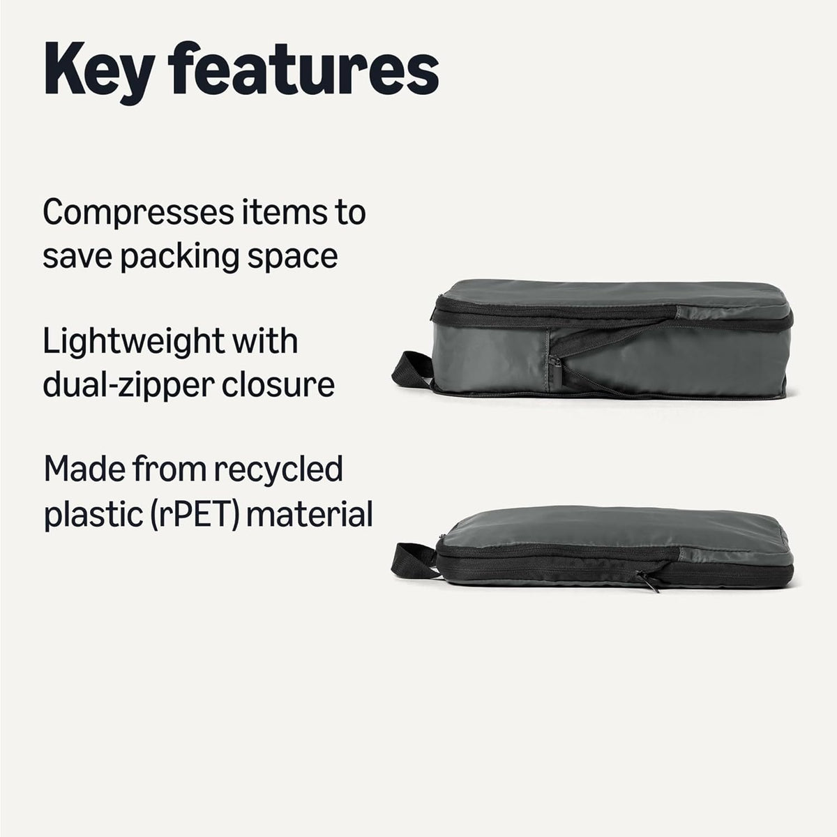 Ultralight Compression Packing Cubes, Recycled Fabric, 2 Zippers, Grey, for Suitcases or Backpacks