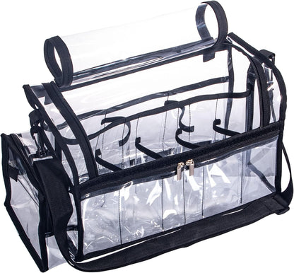 Large Professional Free Standing Clear PVC Makeup Artist Set Bag Transparent Makeup Brush Buddy Make up Kits Organizer Carry All MUA Travel Cosmetic Bag with 8 Dividers and Tissue Holder