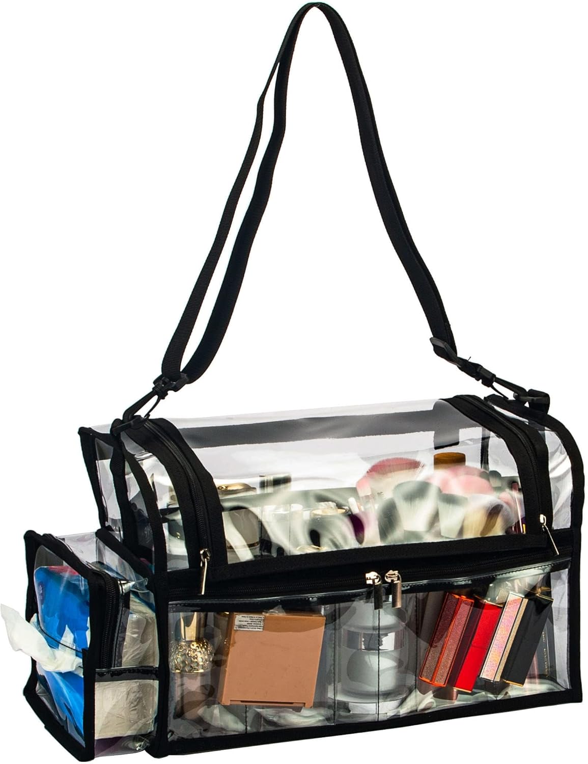 Large Professional Free Standing Clear PVC Makeup Artist Set Bag Transparent Makeup Brush Buddy Make up Kits Organizer Carry All MUA Travel Cosmetic Bag with 8 Dividers and Tissue Holder