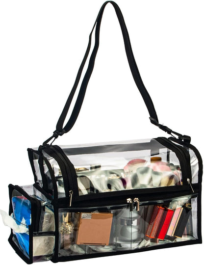 Large Professional Free Standing Clear PVC Makeup Artist Set Bag Transparent Makeup Brush Buddy Make up Kits Organizer Carry All MUA Travel Cosmetic Bag with 8 Dividers and Tissue Holder