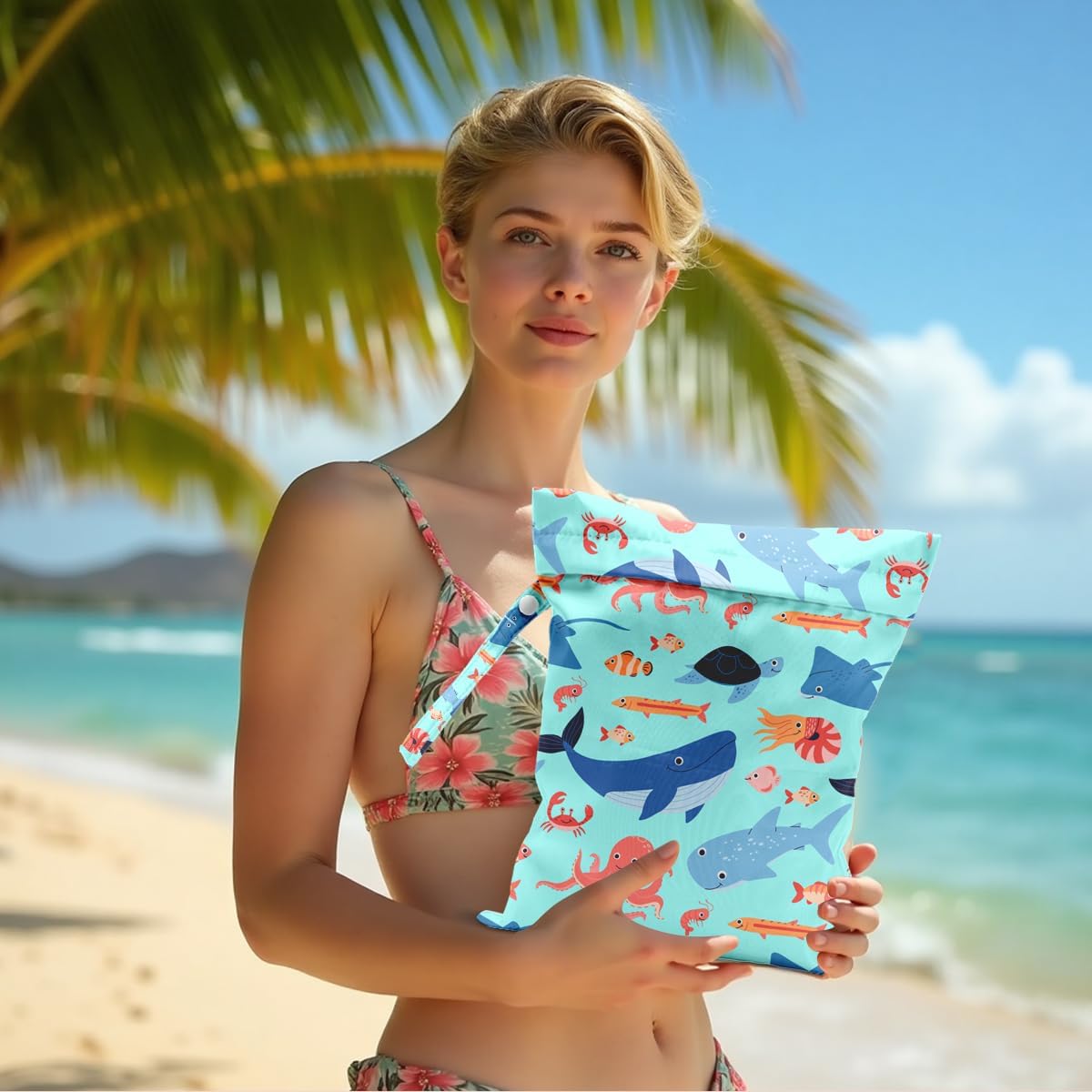 Wet Bag for Swimsuit, Beach Travel Essentials Wet Dry Bag, for Sunscreen Toiletry Dirty Clothes Yoga Gym Diaper, Friends Summer Beach Vacation Gifts. Colorful palm trees