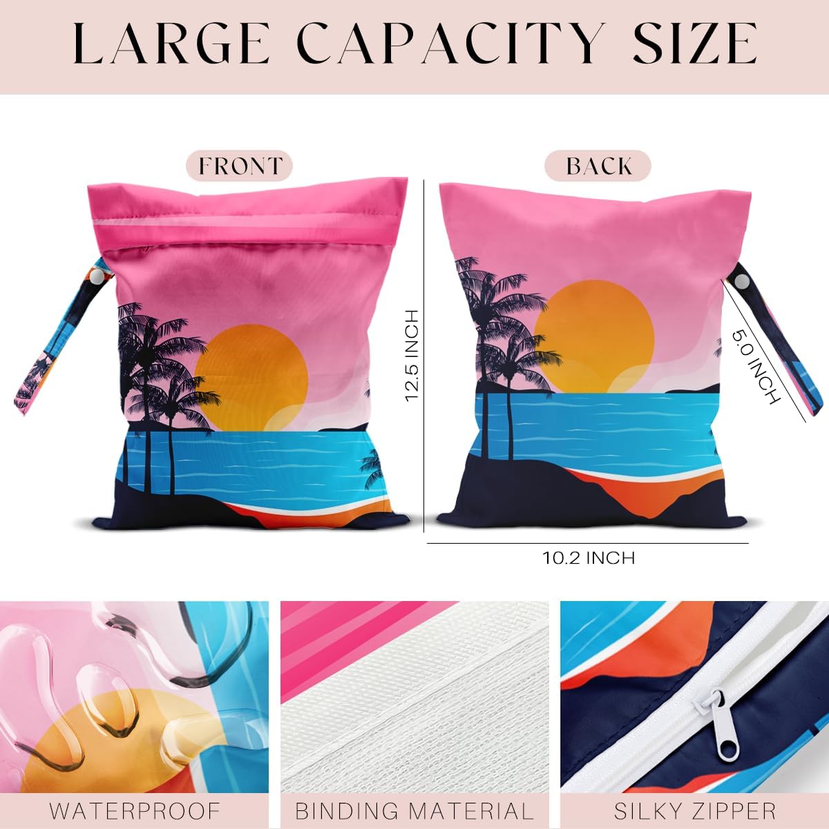 Wet Bag for Swimsuit, Beach Travel Essentials Wet Dry Bag, for Sunscreen Toiletry Dirty Clothes Yoga Gym Diaper, Friends Summer Beach Vacation Gifts. Colorful palm trees