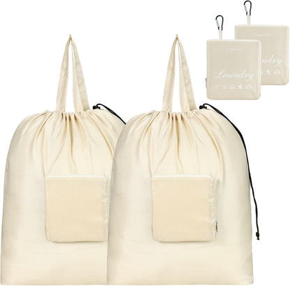 Travel Laundry Bags with Drawstring Closure XL Large with Handle | Foldable Dirty Clothes bags Heavy Duty and Washable for College Dorm Travelling Camping, 2 Pack, Black & Beige