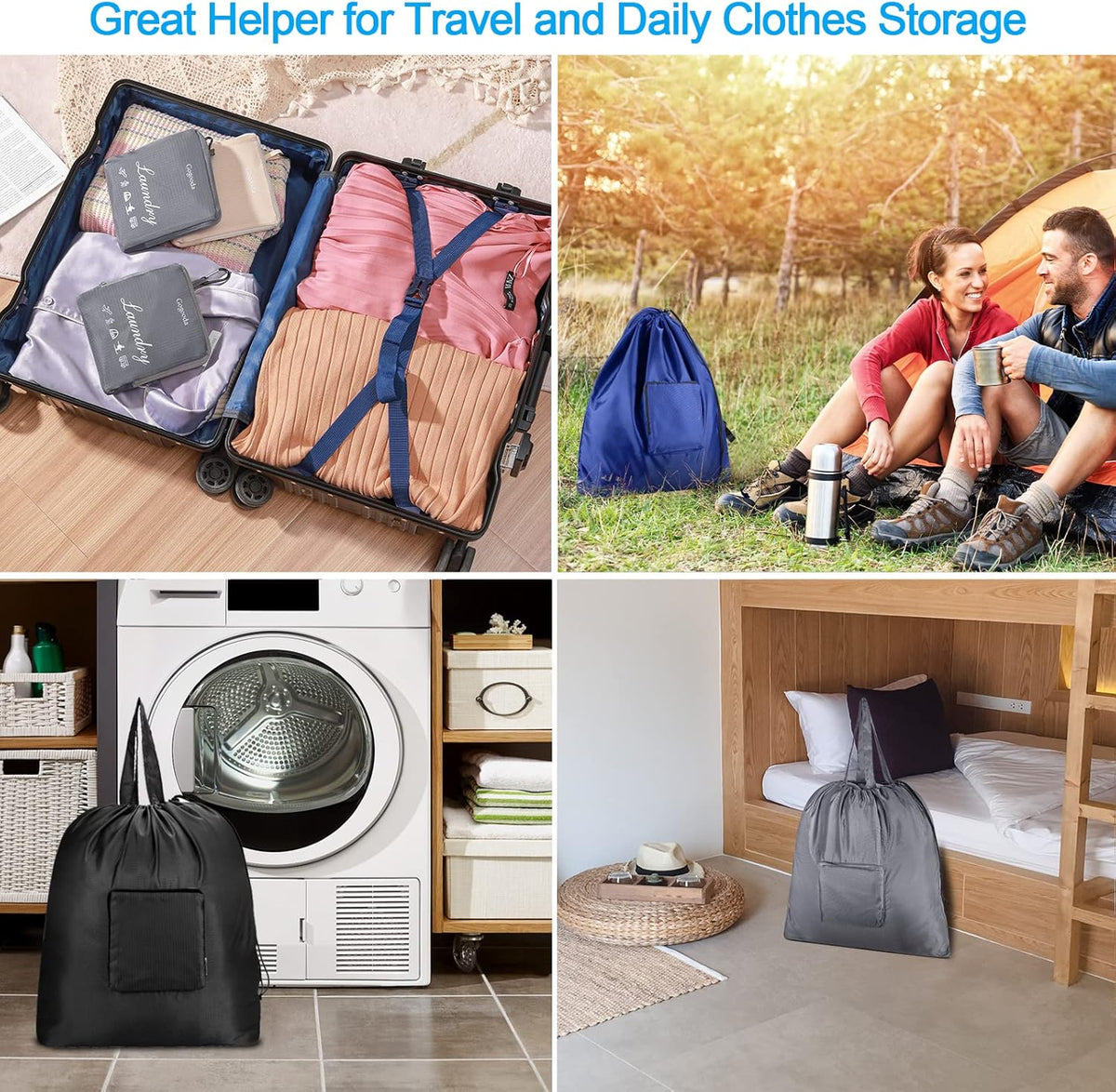 Travel Laundry Bags with Drawstring Closure XL Large with Handle | Foldable Dirty Clothes bags Heavy Duty and Washable for College Dorm Travelling Camping, 2 Pack, Black & Beige