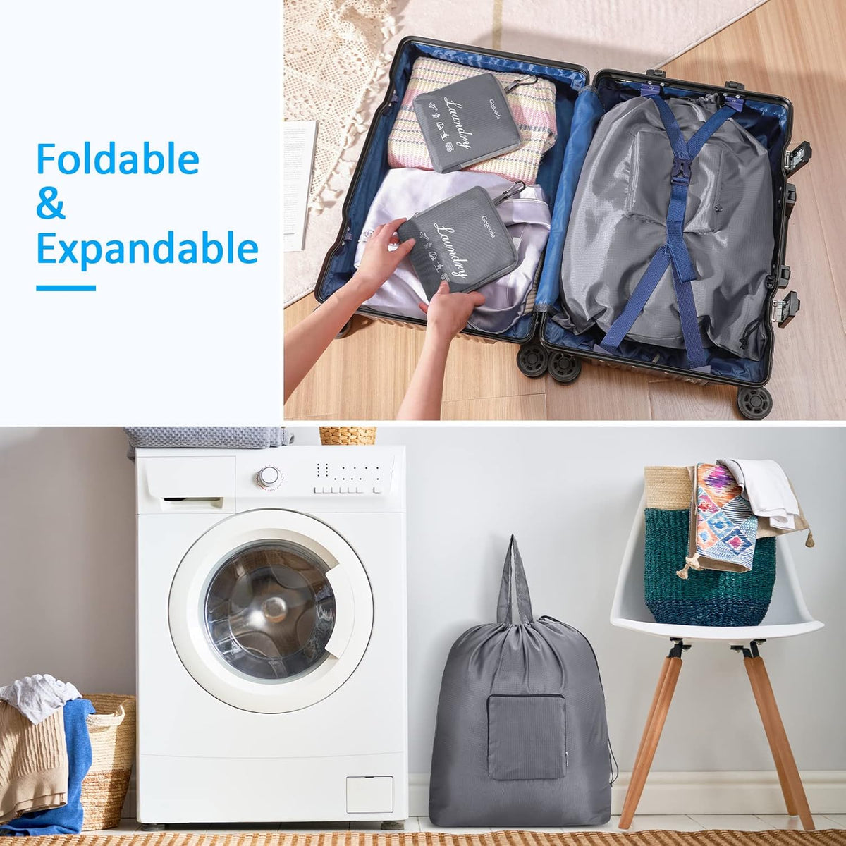 Travel Laundry Bags with Drawstring Closure XL Large with Handle | Foldable Dirty Clothes bags Heavy Duty and Washable for College Dorm Travelling Camping, 2 Pack, Black & Beige
