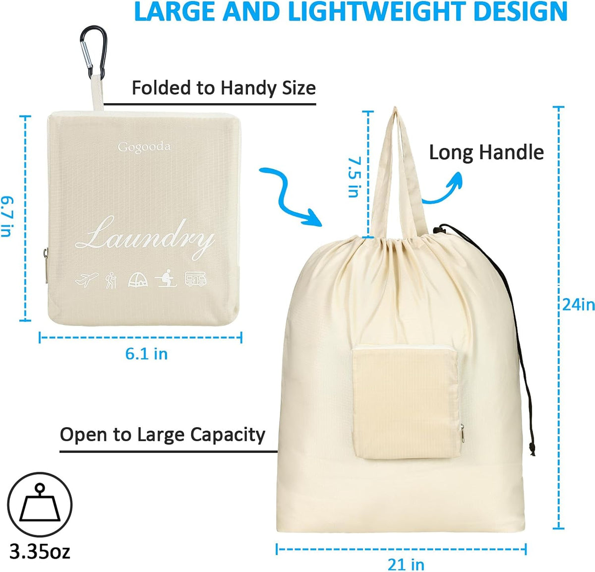 Travel Laundry Bags with Drawstring Closure XL Large with Handle | Foldable Dirty Clothes bags Heavy Duty and Washable for College Dorm Travelling Camping, 2 Pack, Black & Beige